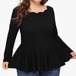 Long Sleeve Scallop Trim Ruffle Hem Zip Back Peplum Top